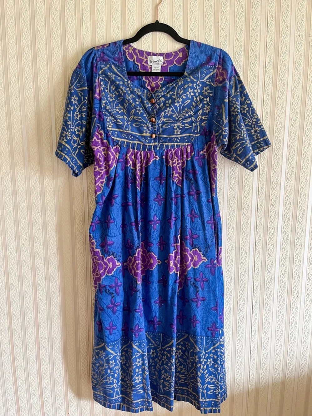 Vintage indian cotton Blue & Purple Printed Midi Dress by Sante